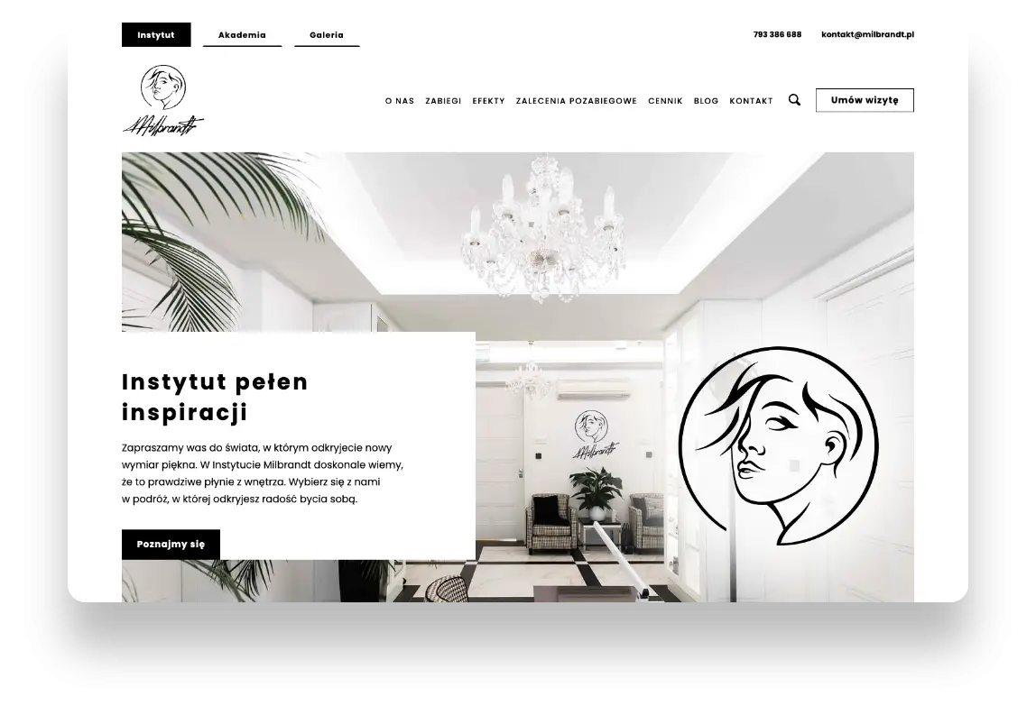 Nowoczesny interfejs strony Instytutu Milbrandt kliniki medycyny estetycznej z elementami UX/UI