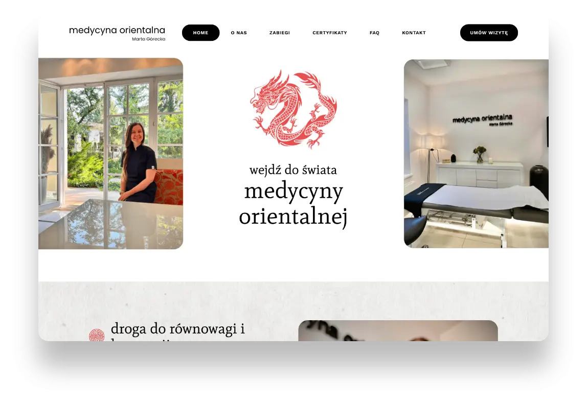 Nowoczesna strona internetowa kliniki Medycyna Orientalna Marta Górecka z czytelnym interfejsem i ofertą zabiegów orient