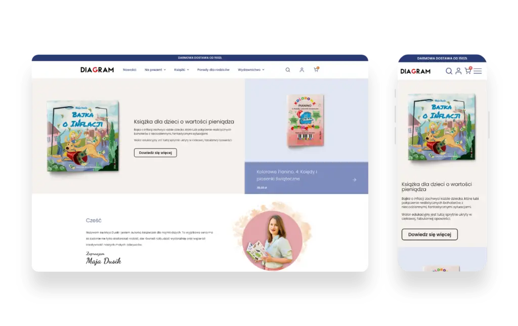 Kolorowy diagram przedstawiający projekt UX/UI i rozwój strony internetowej Wydawnictwa Diagram