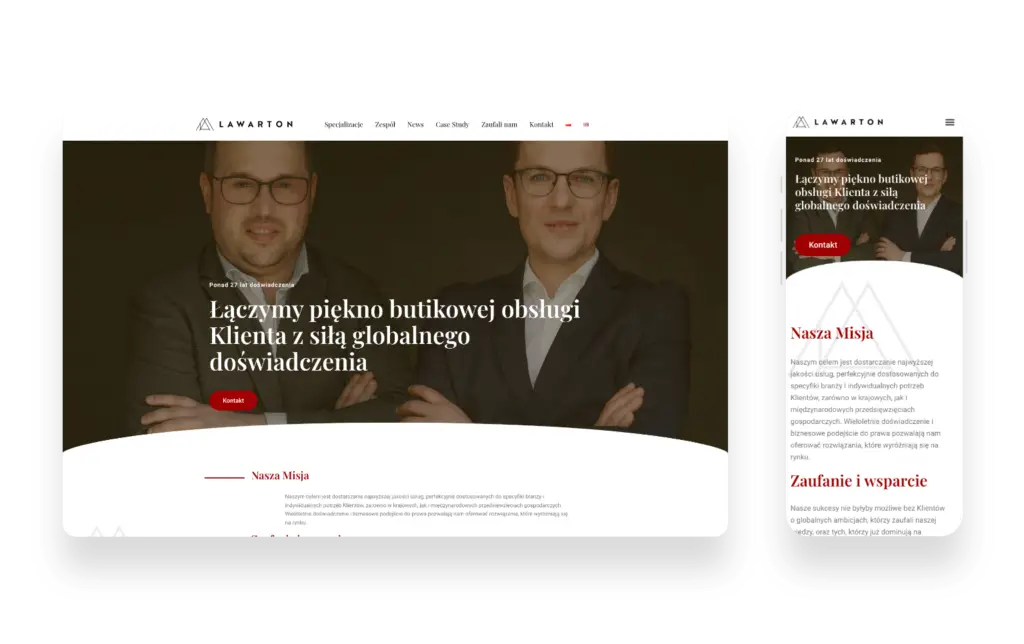 Nowoczesna strona internetowa kancelarii prawnej Lawarton z intuicyjnym interfejsem UX/UI i responsywnym designem