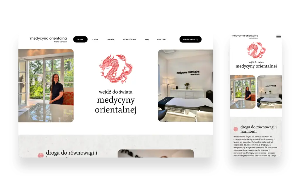 Logo Medycyna Orientalna Marta Górecka z elementami graficznymi nawiązującymi do medycyny orientalnej