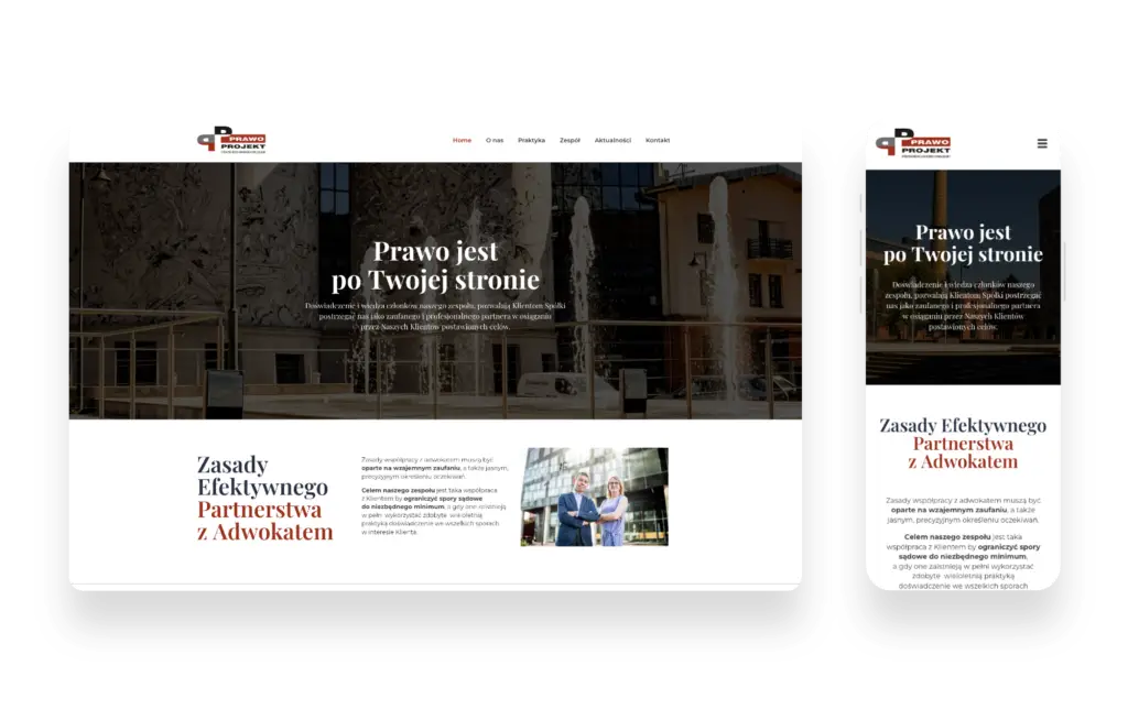 Nowoczesny interfejs strony internetowej kancelarii Prawo Projekt z intuicyjną nawigacją i formularzem kontaktowym