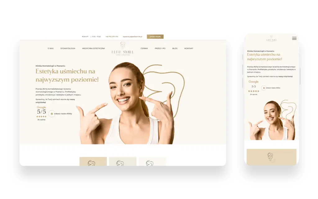 Nowoczesna strona internetowa kliniki stomatologicznej Elite Smile w Poznaniu z czytelnym interfejsem i ofertą usług