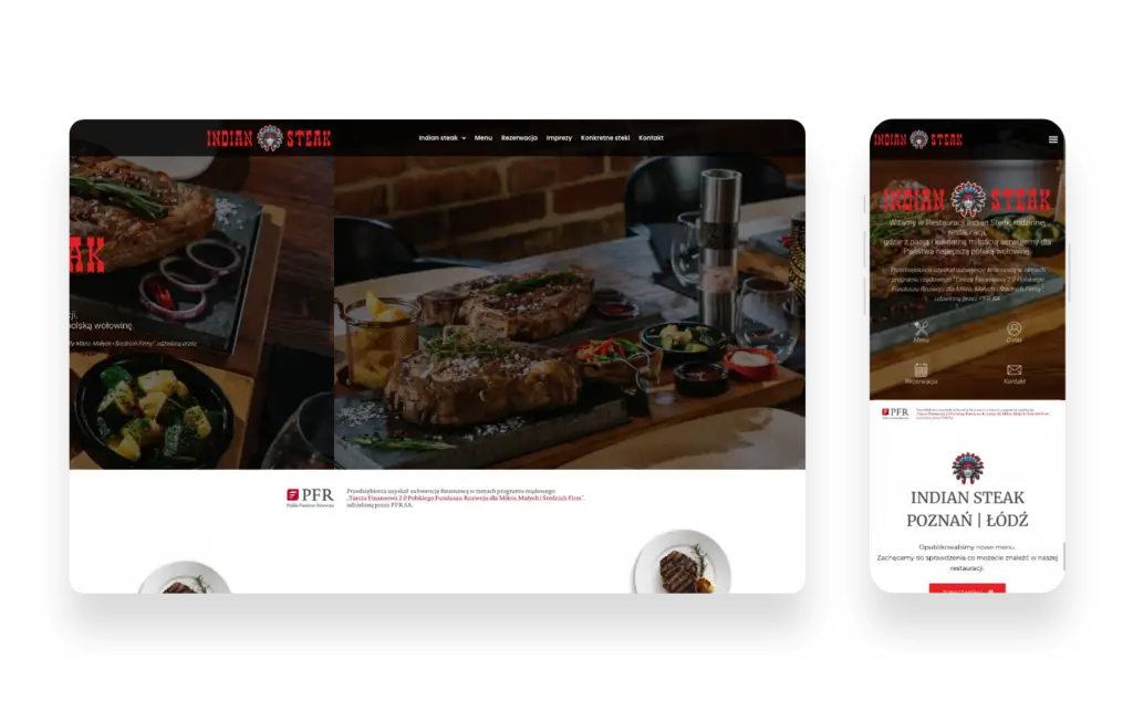 Strona internetowa Indian Steak z menu steków i burgerów oraz formularzem rezerwacji online