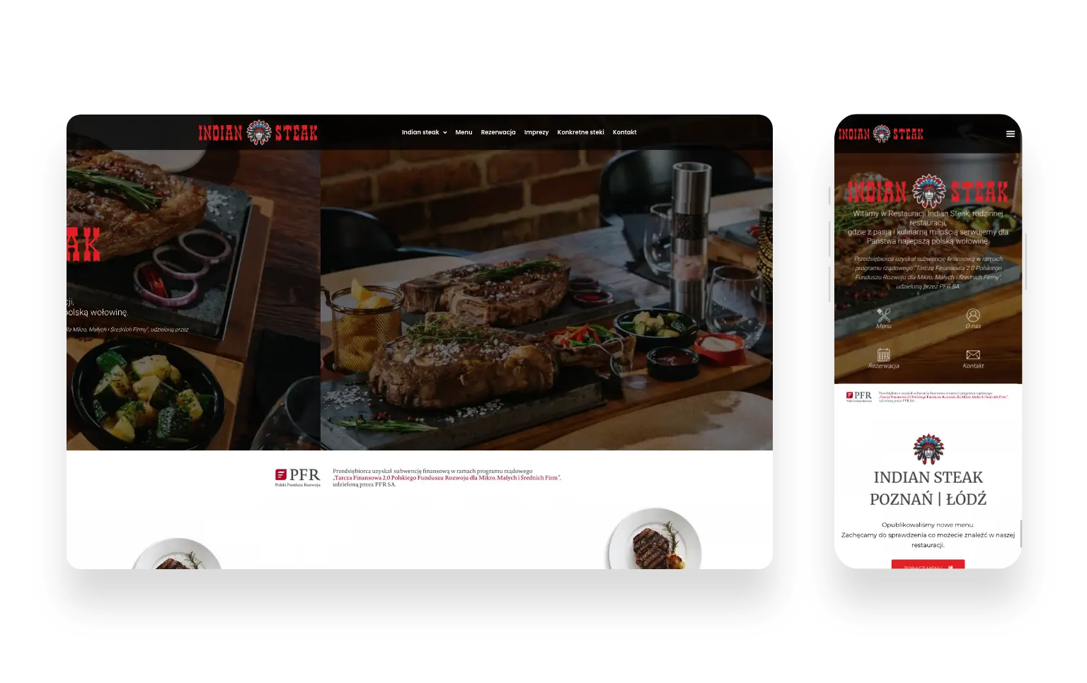 Strona internetowa Indian Steak z menu steków i burgerów oraz formularzem rezerwacji online