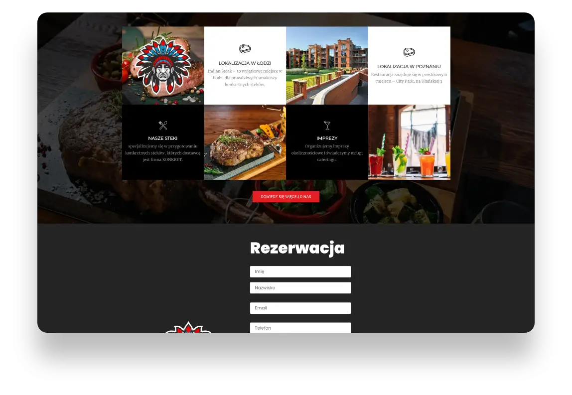 Strona internetowa Indian Steak prezentująca menu i ofertę unikalnej restauracji z motocyklowym klimatem