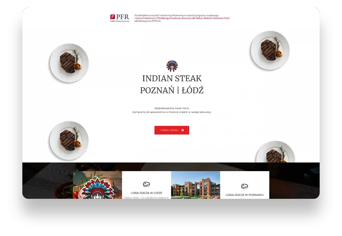 Strona internetowa restauracji Indian Steak z ofertą steków, burgerów i rezerwacją online