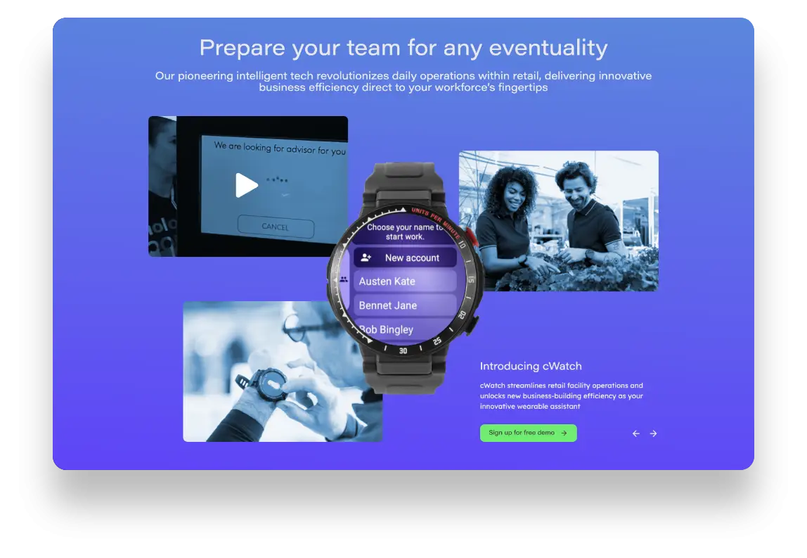 Nowoczesny, minimalistyczny interfejs strony cWatch z intuicyjną nawigacją i prezentacją technologii wearable