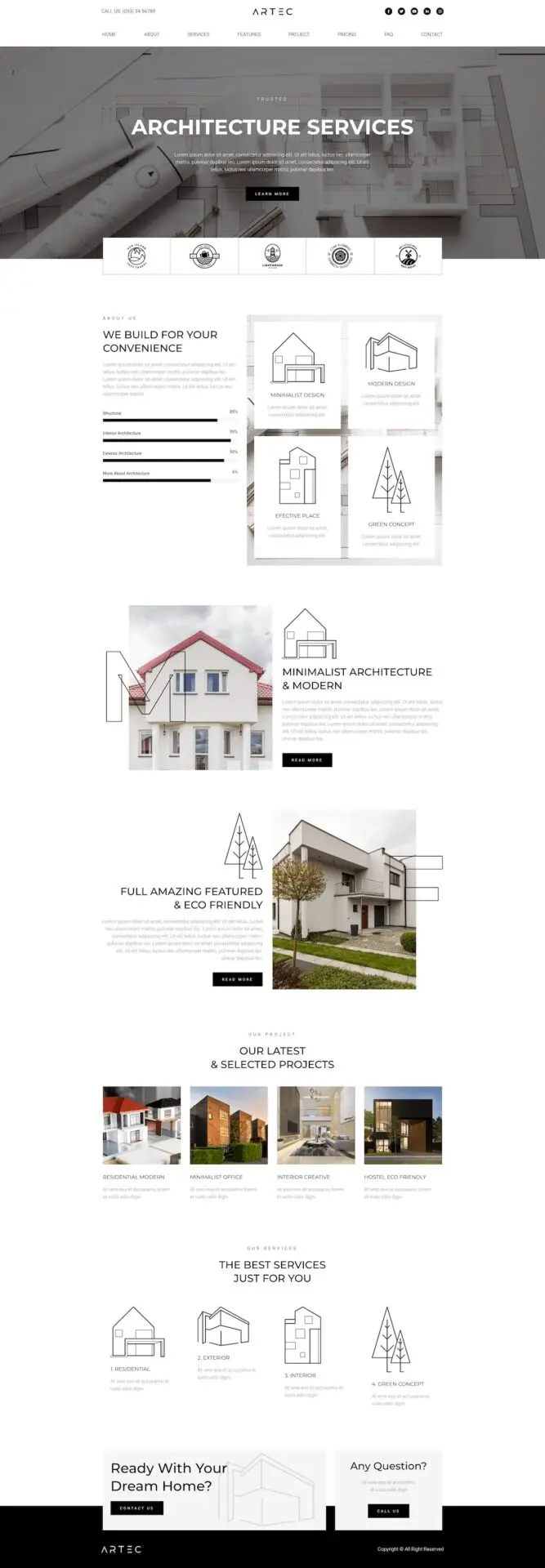 Responsywny szablon Artec dla firm architektonicznych z nowoczesnym designem i łatwą edycją