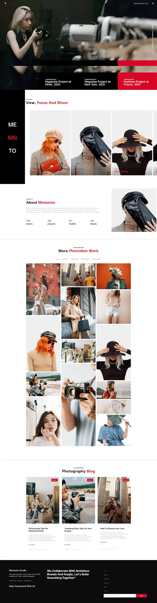 Zrzut ekranu szablonu Memento dla stron fotograficznych z nowoczesnym designem i portfolio