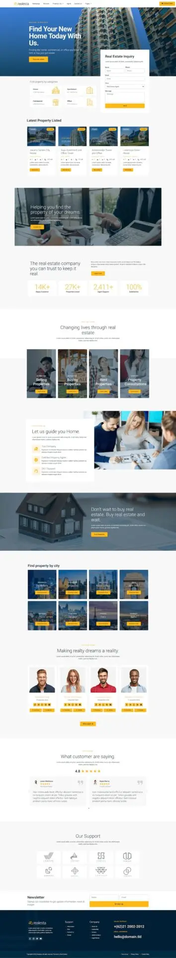 Widok pionowy strony głównej szablonu Realesta dla agencji nieruchomości z nowoczesnym designem