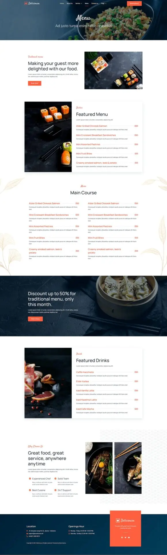 Responsywny szablon Deliciouso dla firm cateringowych z nowoczesnym menu i profesjonalnym designem