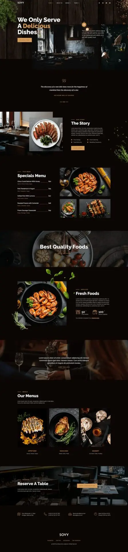 Widok responsywnego szablonu Sovy dla restauracji na ekranie smartfona z menu i informacjami o firmie