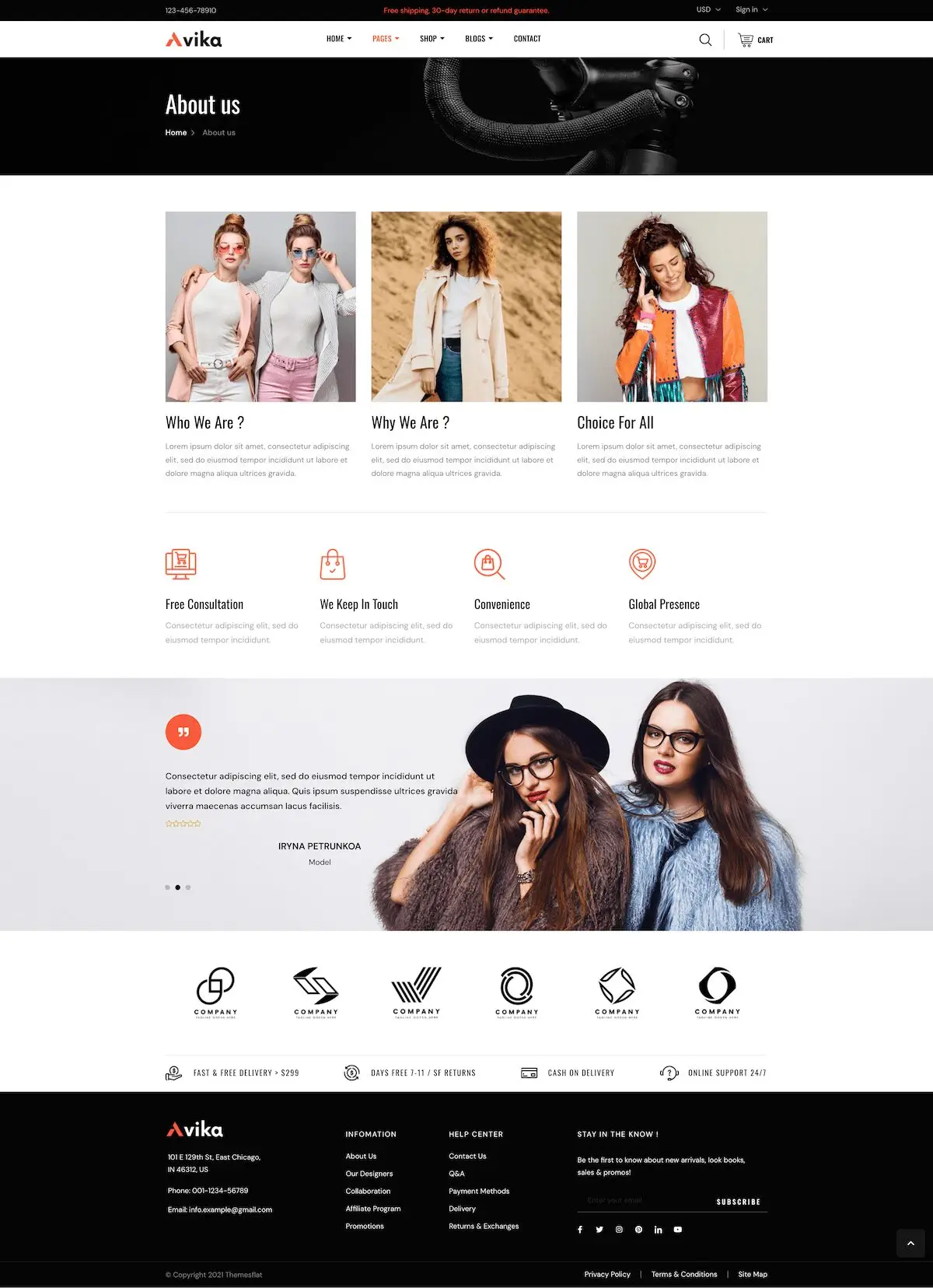 Zrzut ekranu strony szablonu Avika dla sklepów modowych z nowoczesnym, responsywnym designem WooCommerce