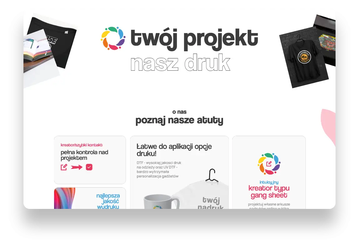 Interfejs platformy Ink Storm do personalizacji nadruków na odzieży z kreatorem projektów i AI