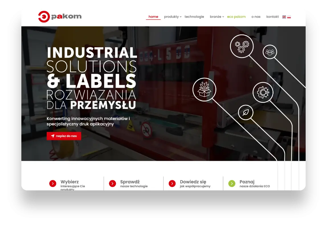 Nowoczesny interfejs strony Pakom prezentujący technologie konwertingu i druku z intuicyjną nawigacją