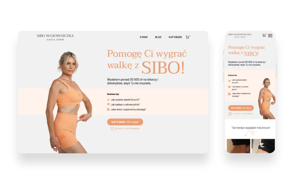 Strona internetowa SIBO Wojowniczka z nowoczesnym interfejsem UX/UI i ofertą ebooków o SIBO