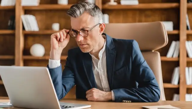 Dojrzały biznesmen w garniturze pracujący z poważnym wyrazem twarzy na laptopie w biurze