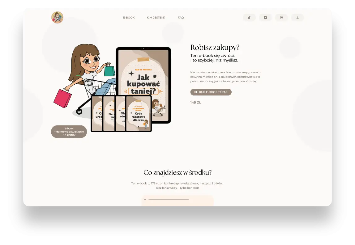 Strona sprzedażowa Pani od Promocji z e-bookiem o oszczędzaniu zaprojektowana przez SMART Agency