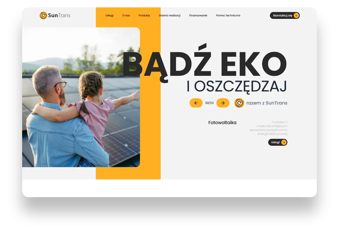 Strona internetowa Suntrans prezentująca ofertę fotowoltaiki z czytelną strukturą i danymi liczbowymi