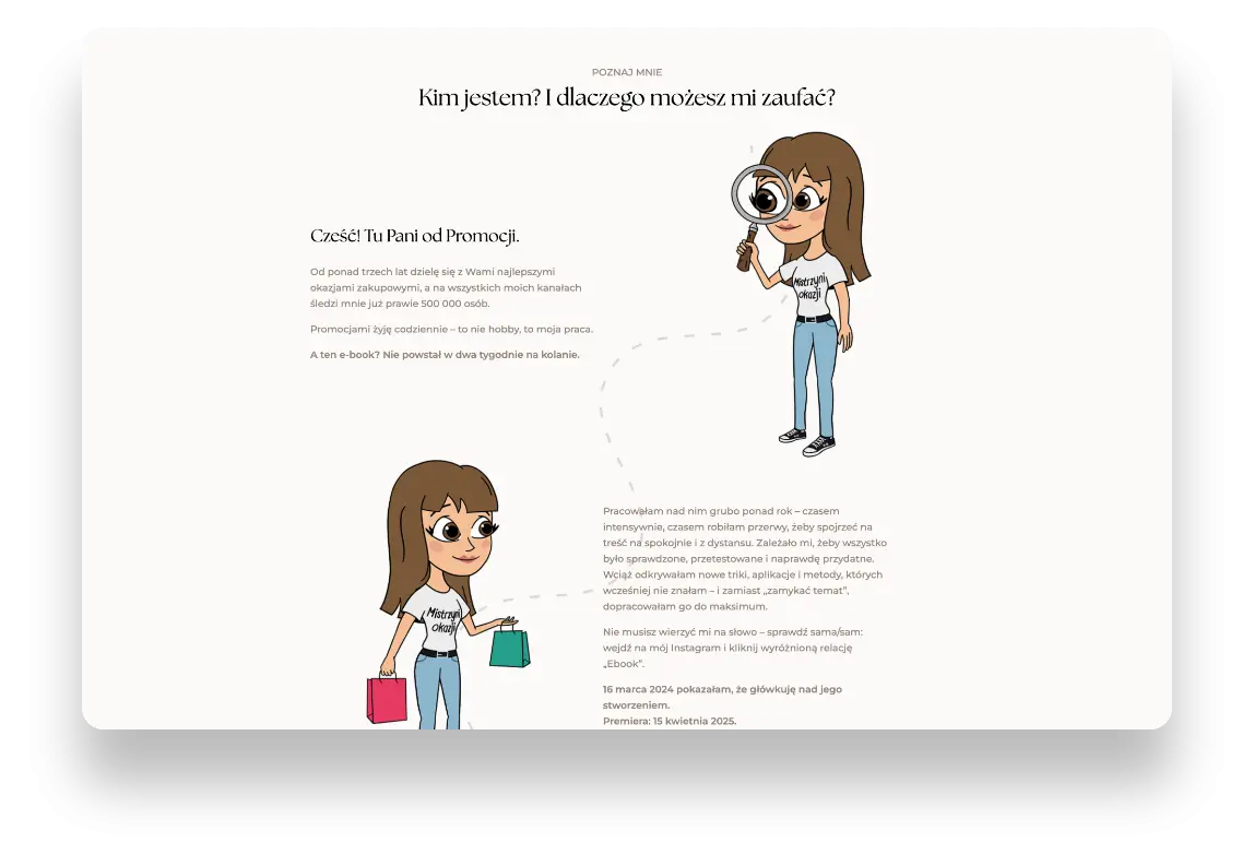 Nowoczesna strona sprzedażowa Pani od Promocji z e-bookiem o oszczędzaniu zaprojektowana przez SMART Agency