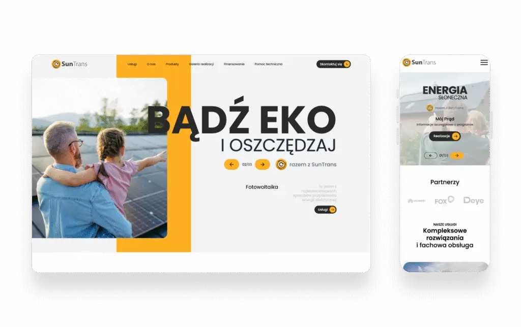 Strona internetowa Suntrans prezentująca ofertę fotowoltaiki z nowoczesnym designem i przejrzystą strukturą