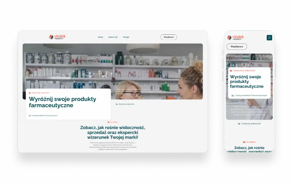 Strona internetowa Vitalek Produkty zaprojektowana przez SMART Agency z nowoczesnym UX i SEO dla branży farmaceutycznej