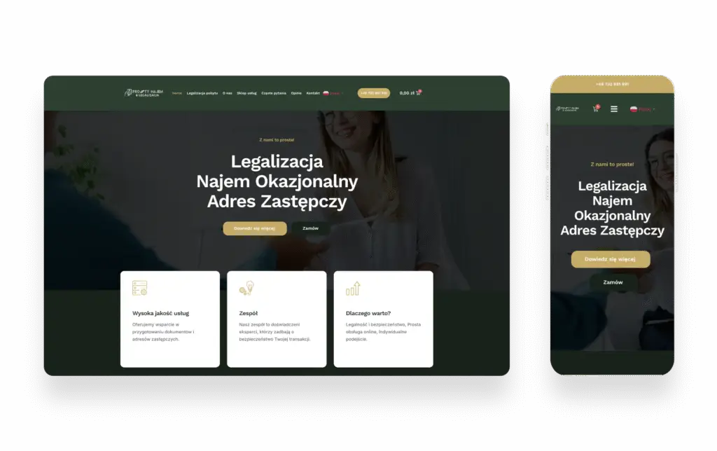 Nowoczesny, minimalistyczny projekt strony Prosty Najem & Legalizacja z czytelną nawigacją i ofertą usług prawnych