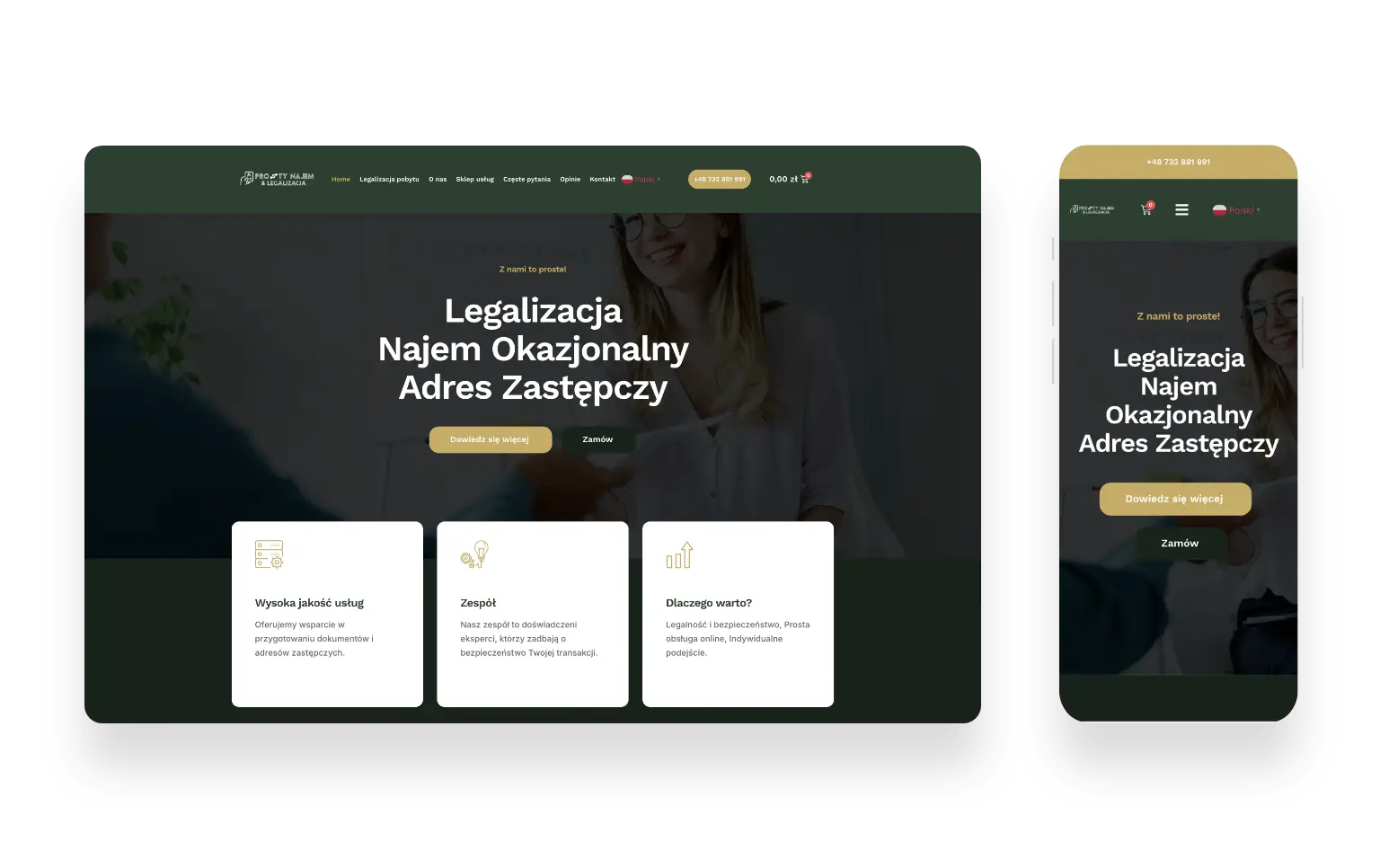 Nowoczesny, minimalistyczny projekt strony Prosty Najem & Legalizacja z czytelną nawigacją i ofertą usług prawnych