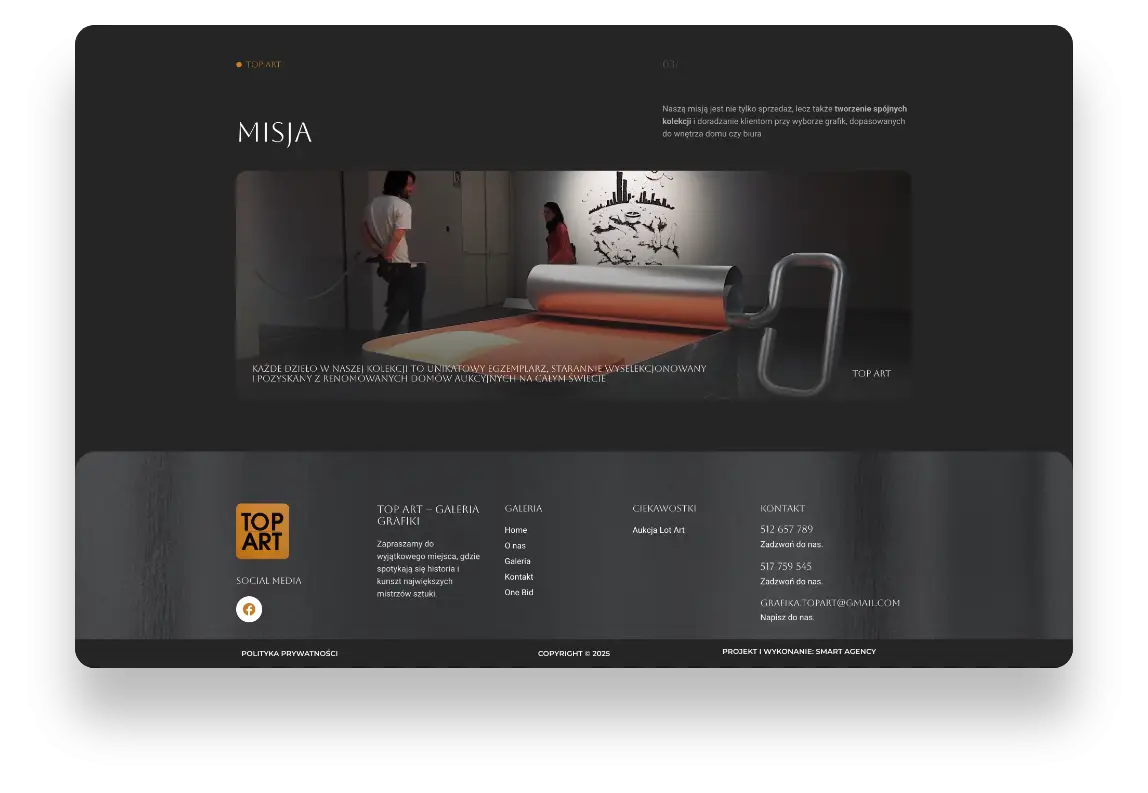 Strona internetowa galerii sztuki Top Art z elegancką prezentacją limitowanych grafik artystycznych