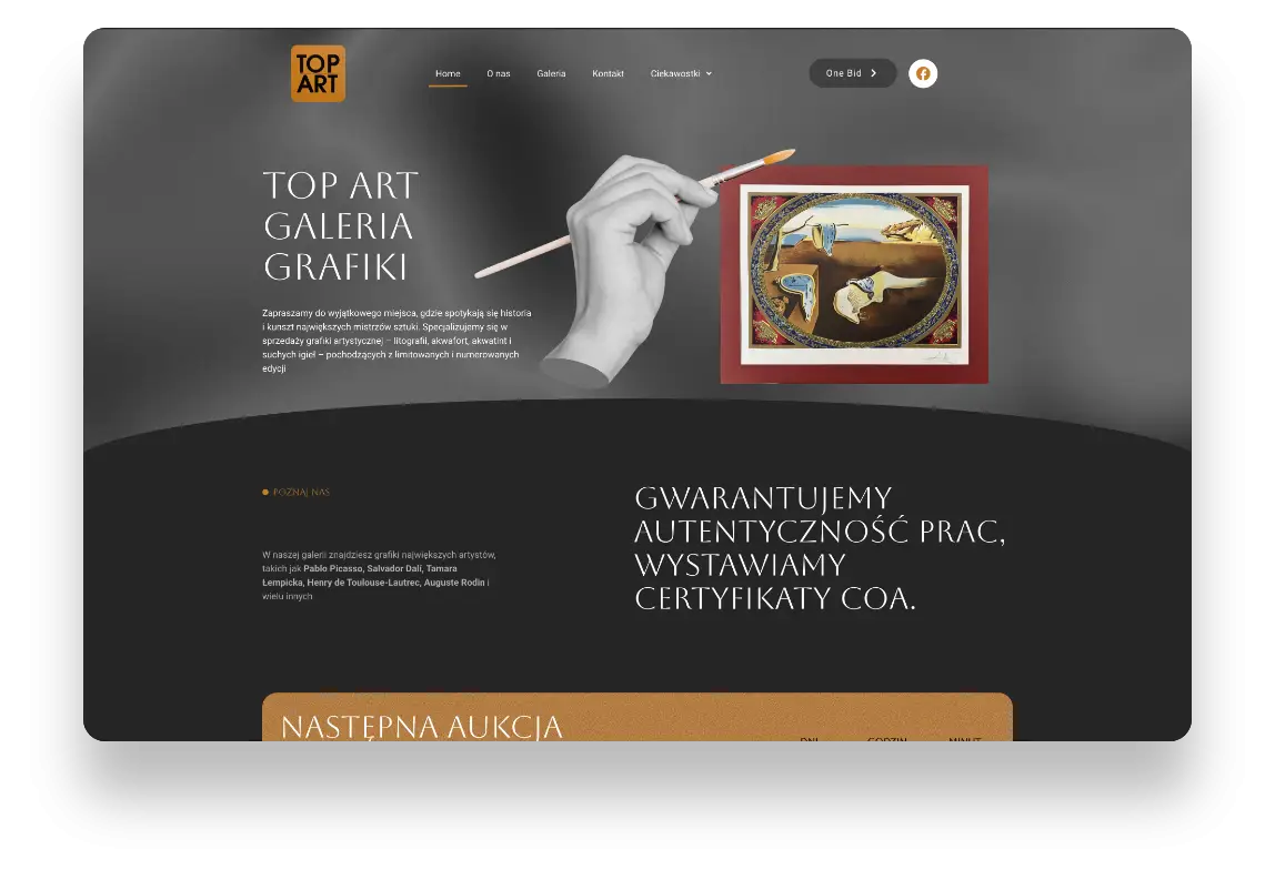 Strona internetowa Top Art z eleganckim designem prezentująca limitowane grafiki artystyczne i kolekcje dzieł mistrzów