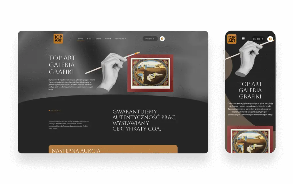 Strona internetowa galerii sztuki Top Art z elegancką prezentacją unikatowych grafik artystycznych