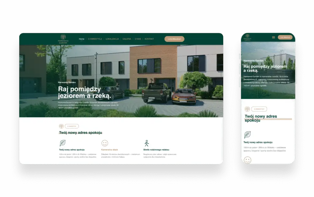 Projekt nowoczesnej strony internetowej Harmonia Garden prezentujący kameralne domy w otoczeniu natury