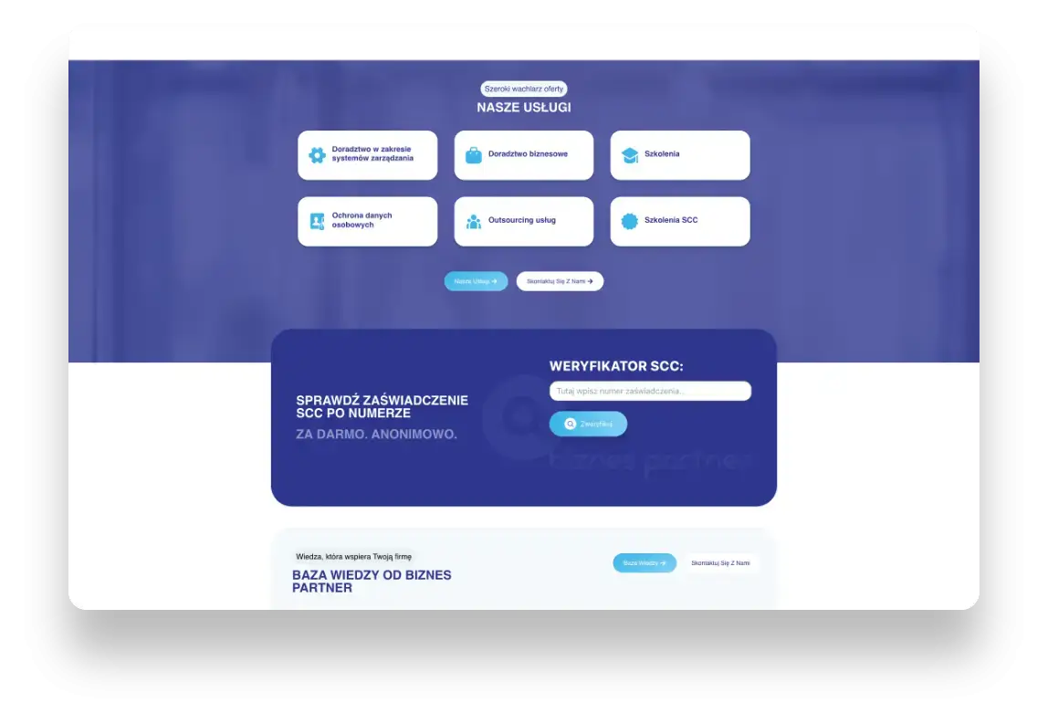 Strona internetowa Biznes Partner zaprojektowana przez SMART Agency prezentująca ofertę szkoleń i audytów