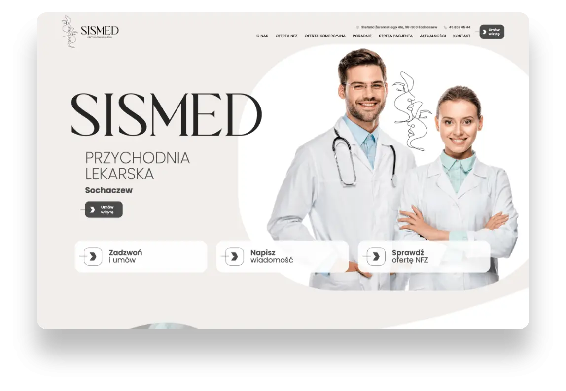Nowoczesna strona internetowa przychodni SISMED w Sochaczewie z czytelną nawigacją i medyczną identyfikacją wizualną