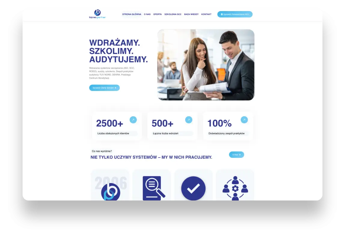 Strona internetowa Biznes Partner z ofertą szkoleń i audytów, zaprojektowana przez SMART Agency