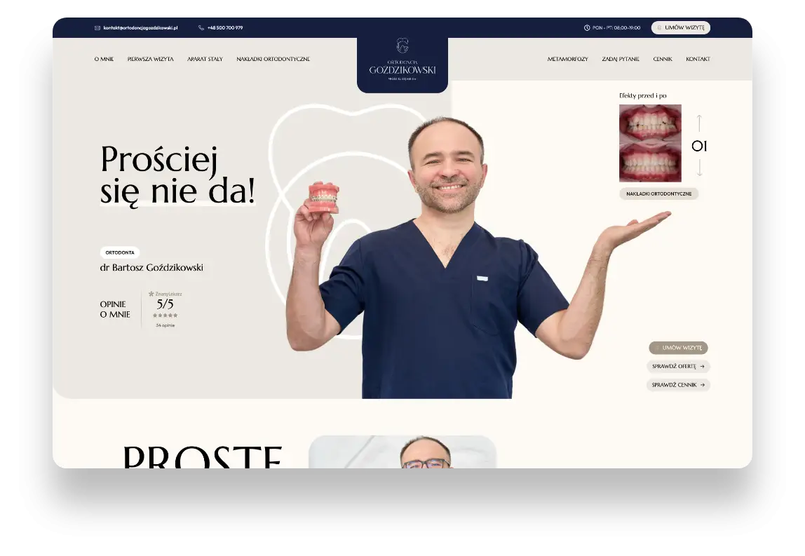 Nowoczesna strona internetowa Ortodoncja Goździkowski z przejrzystym designem i intuicyjną nawigacją