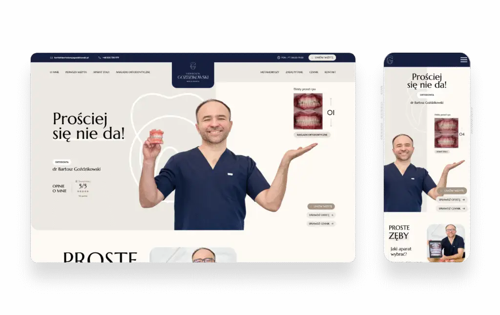 Logo i branding ortodoncji Goździkowski na nowoczesnej stronie internetowej SMART Agency