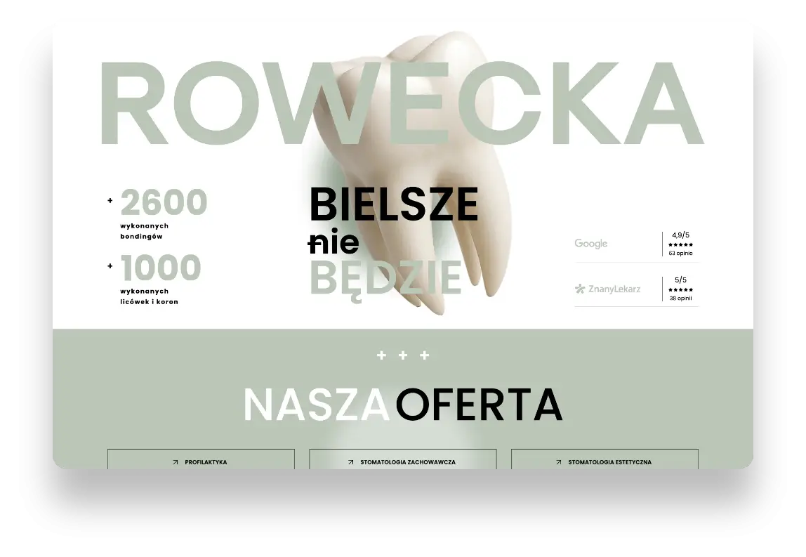 Nowoczesna strona internetowa Rowecka Dental Studio z ofertą stomatologiczną i opcją umówienia wizyty online