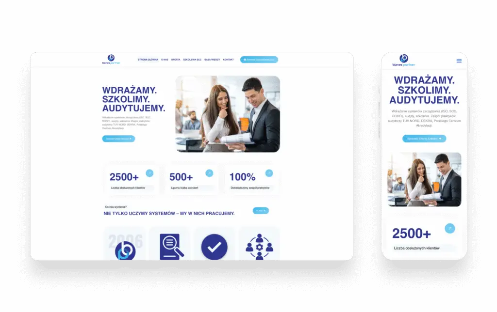 Strona internetowa Biznes Partner zaprojektowana przez SMART Agency prezentująca ofertę szkoleń i audytów