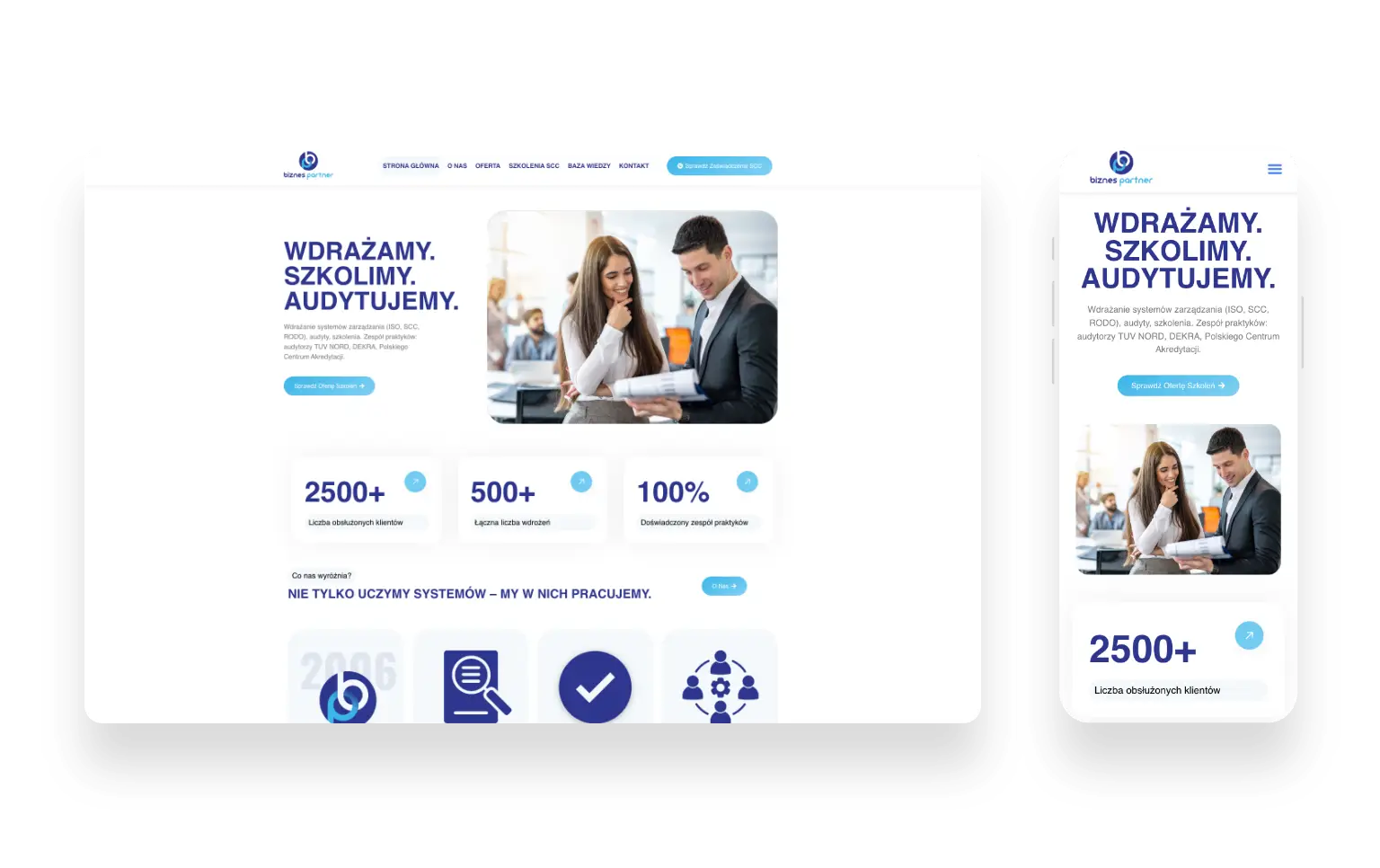 Strona internetowa Biznes Partner zaprojektowana przez SMART Agency prezentująca ofertę szkoleń i audytów