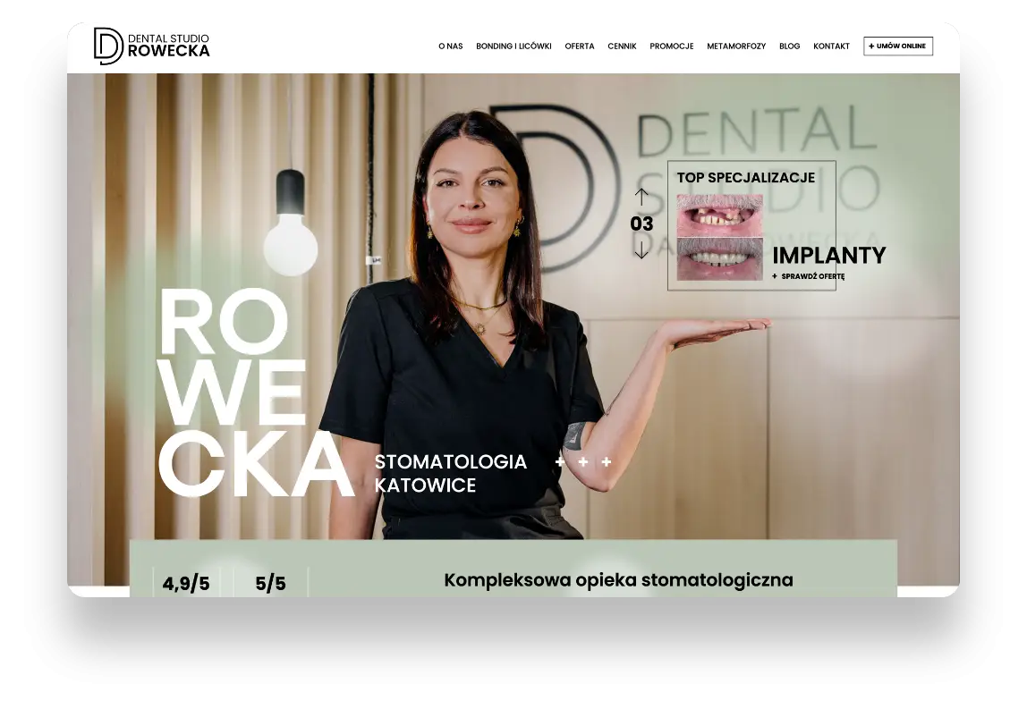 Nowoczesna strona internetowa Rowecka Dental Studio prezentująca usługi stomatologiczne i rezerwację wizyt online