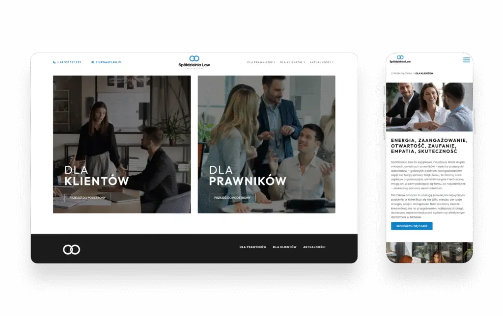 Nowoczesna strona internetowa Spółdzielni Law Energia Prawa z minimalistycznym i eleganckim designem