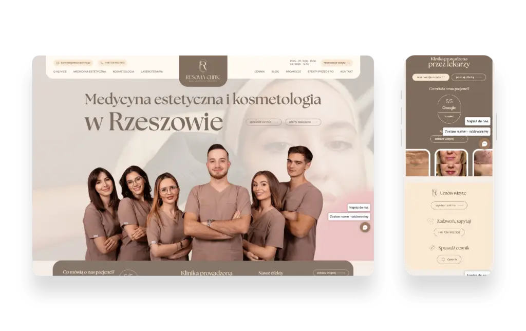 Nowoczesna strona internetowa kliniki Resovia Clinic prezentująca medycynę estetyczną i laseroterapię