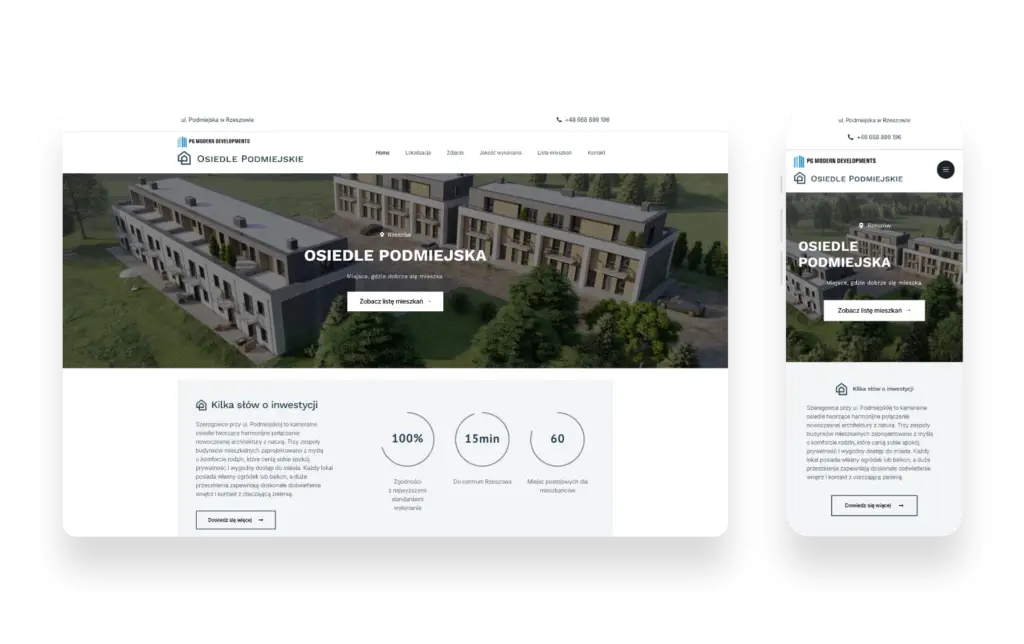 Nowoczesna strona internetowa Osiedla Podmiejska prezentująca inwestycję mieszkaniową z zielonym otoczeniem