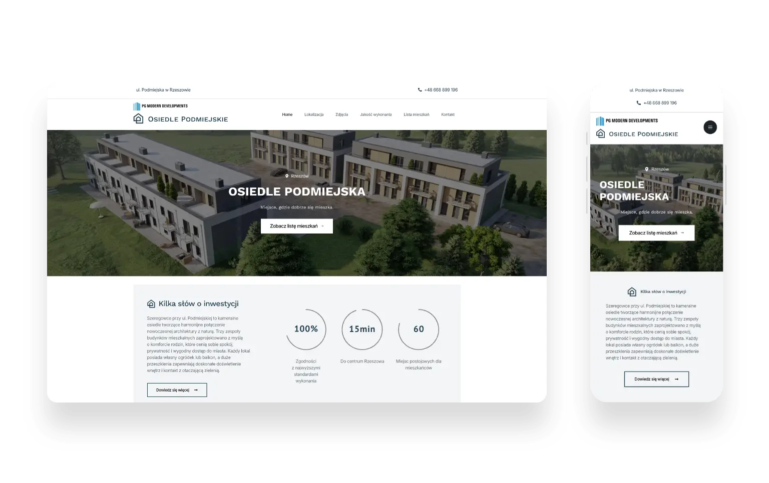 Nowoczesna strona internetowa Osiedla Podmiejska prezentująca inwestycję mieszkaniową z zielonym otoczeniem