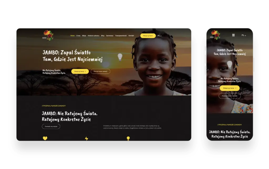 Nowoczesna strona internetowa Fundacji JAMBO z przejrzystym designem wspierająca realną pomoc w Kenii