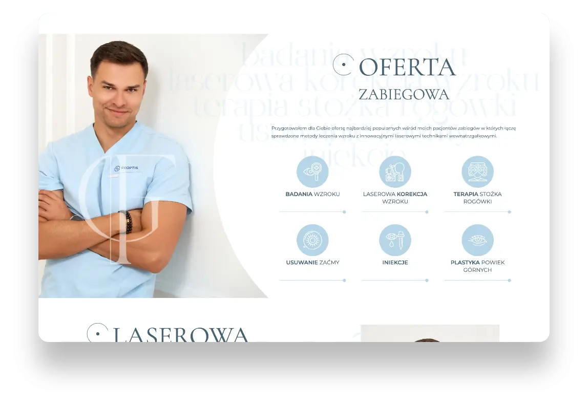 Strona internetowa chirurga refrakcyjnego Filipa Goździkowskiego z nowoczesnym designem i czytelną prezentacją usług