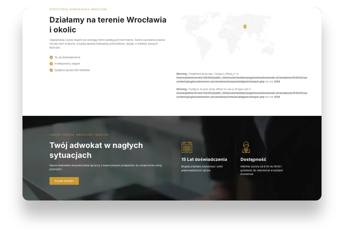 Nowoczesna strona internetowa Pogotowia Adwokackiego podkreślająca szybki kontakt i pomoc prawną