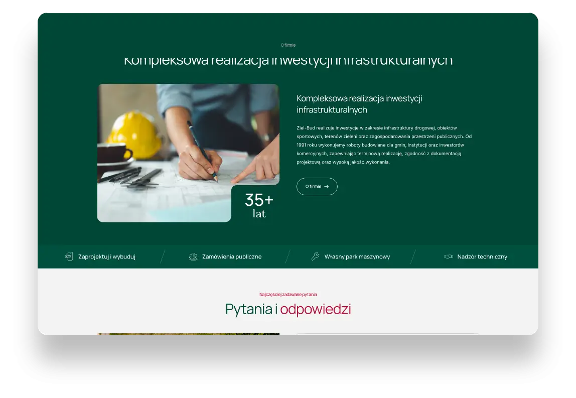 Nowoczesna strona internetowa Ziel-Bud prezentująca usługi budowlane i doświadczenie firmy